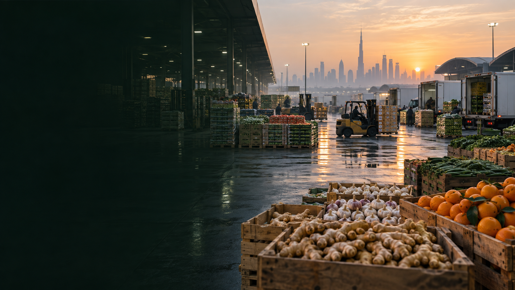 Illustrative Dubai fresh produce wholesale market at sunrise